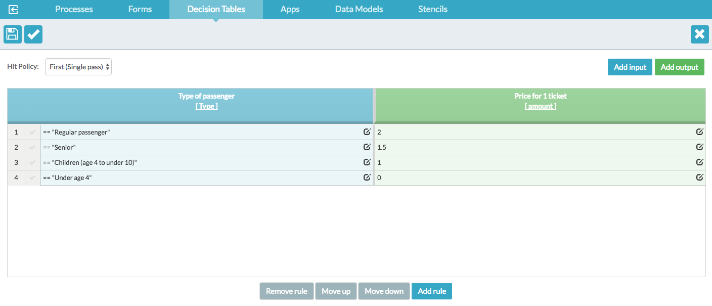 DMN decision table in APS